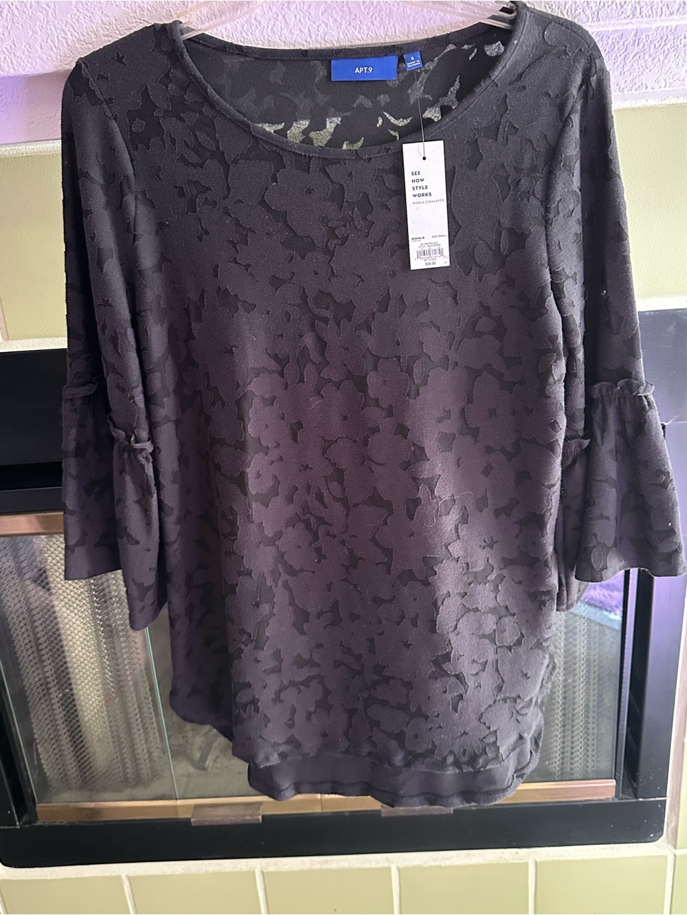 Apt. 9 Charcoal Black Floral Jacquard Ruffle-Sleeve Blouse
